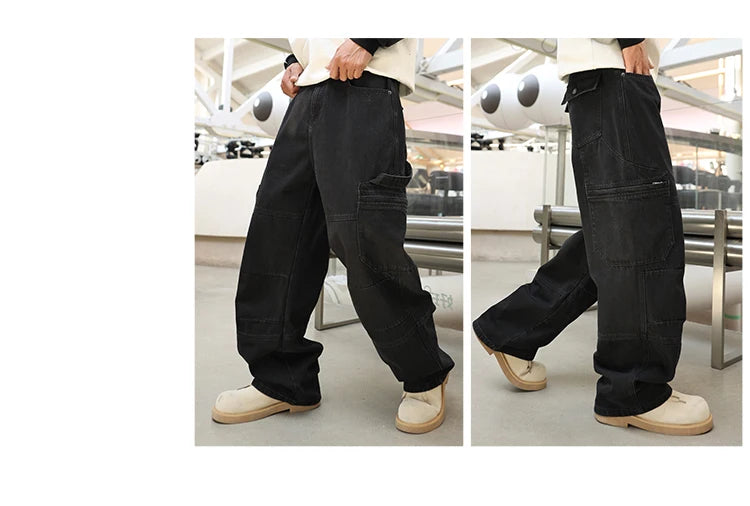 men american streetwear fashion loose casual hip hop wide leg black denim baggy jeans pants man y2k cargo jeans trousers unique cargo style 2336