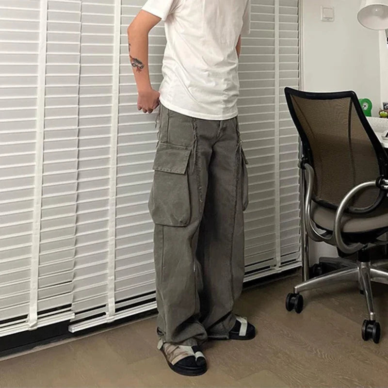 y2k streetwear tassel multi pocket jeans for men straight solid baggy cargo pants pantalones hombre casual denim trousers 1 unique cargo style 494