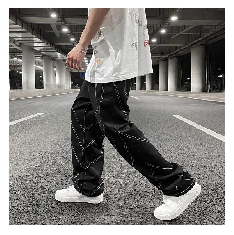 fashion design lines denim jeans mens zipper loose straight trousers hip hop new casual streetwear pants joggers baggy jeans unique joggers style 1461