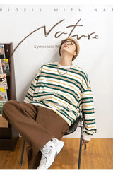 Vaporwave Oversized shirt – Embroidered Striped Contrast Round Neck Cotton Sweatshirts A