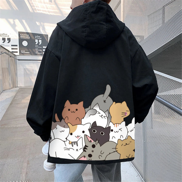 Black Cat Print Baseball Jacket Boys Long Sleeve Loose Ins Harajuku Hi