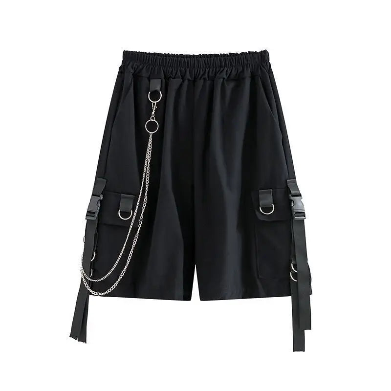 streetwear 2023 new womens summer shorts casual ribbons black cargo shorts for girls knee length pants with chain unique cargo style 2385