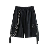 streetwear 2023 new womens summer shorts casual ribbons black cargo shorts for girls knee length pants with chain unique cargo style 2385