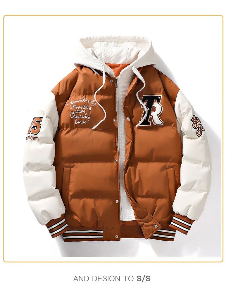 Winter Jacket Men's Two-piece  Hooded Cotton College Style Large Size Warm Baseball Varsity Jacket