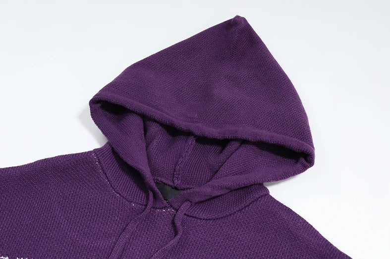 fashion ripped letter knitted hooded sweater unisex hoodies ripped bottom holes knit pullover streetwear loose sweaters clothing - Y2K grunge street style, unisex casual winter pullover, soft fleece-lined outerwear