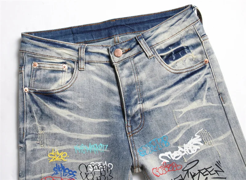 letter graffiti printed denim jeans pants mens punk bottons biker jeans streetwear slim fit hip hop new casual y2k pants joggers unique joggers style 4121