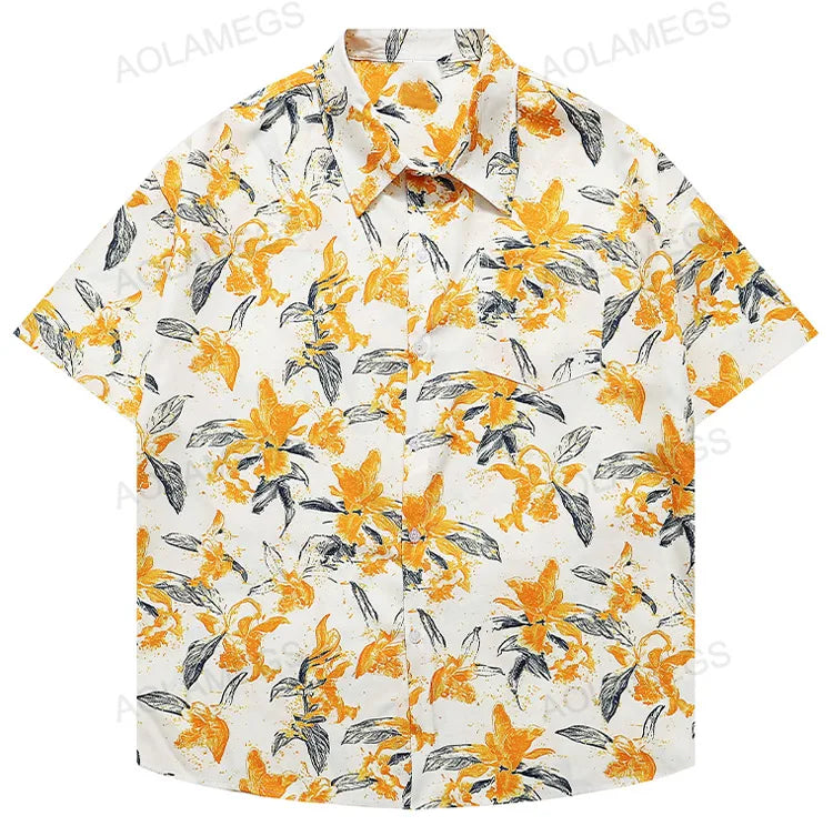 Casual Fashion Hawaiian Shirts Flower Pattern Half Sleeve Shirt Beach Fashion Versatile