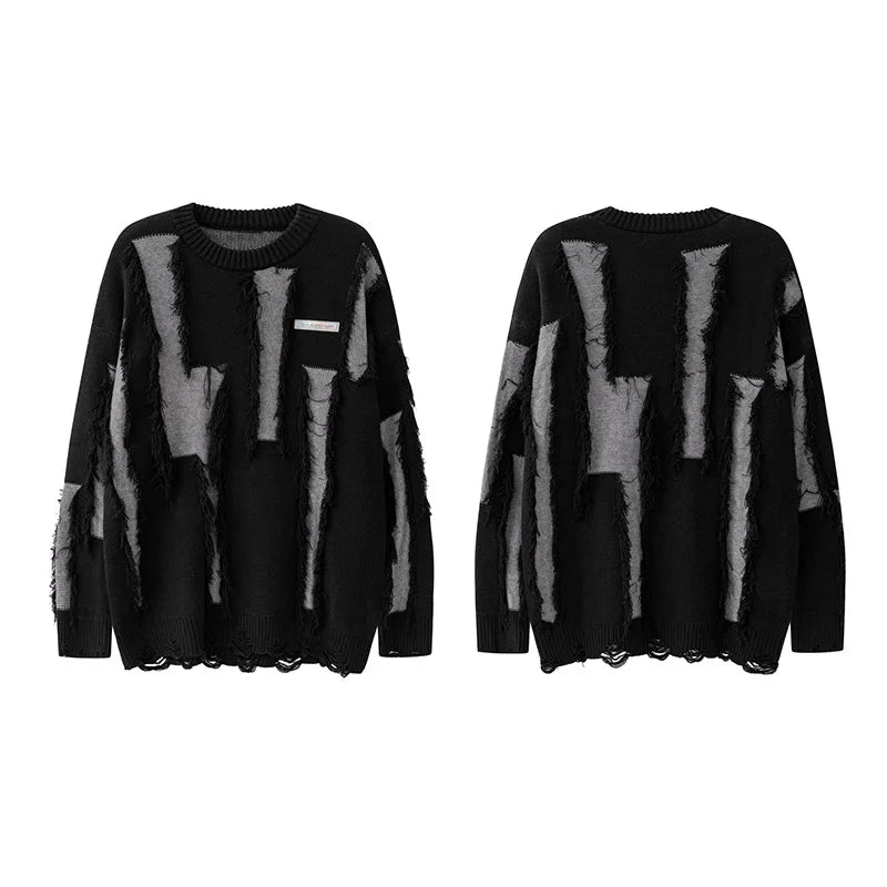 hip hop knitted oversized sweater mens ripped tassel holes pullover streetwear unisex new casual loose sweaters jumpers knitwear - graphic printed hoodie for men and women, gothic aesthetic hoodie for winter, Y2K grunge street style