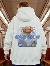 New Never Give Up Bear Printed Hoodies For Men Hip Hop Streetwear Pocket Pullover Sweatshirts Autumn Y2K Vintage Fleece Hoodie