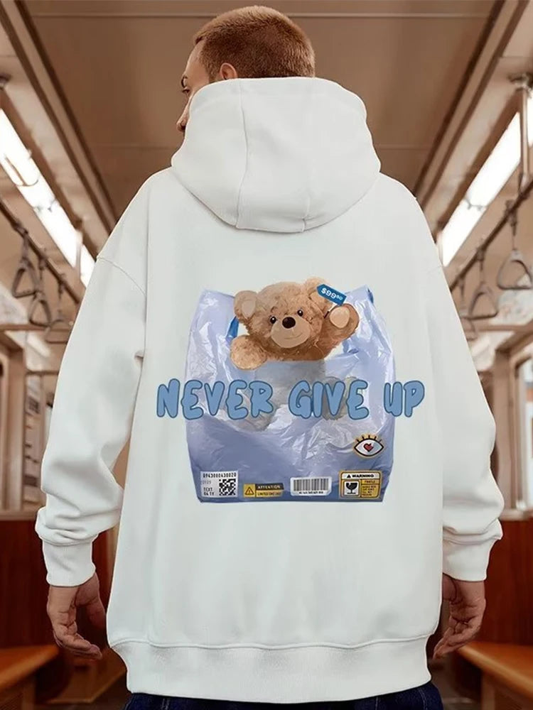 New Never Give Up Bear Printed Hoodies For Men Hip Hop Streetwear Pocket Pullover Sweatshirts Autumn Y2K Vintage Fleece Hoodie