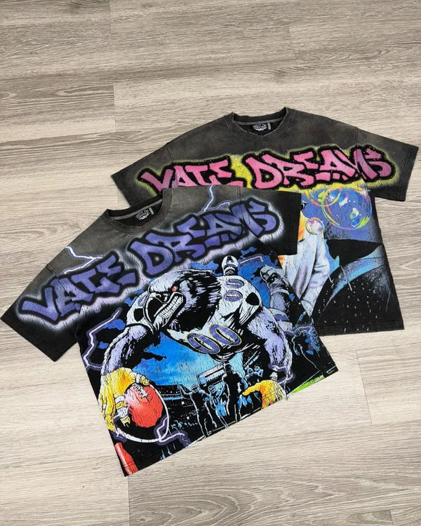 Gothic Aesthetic print tee – European And American Street New Style Washed Retro Anime Pr