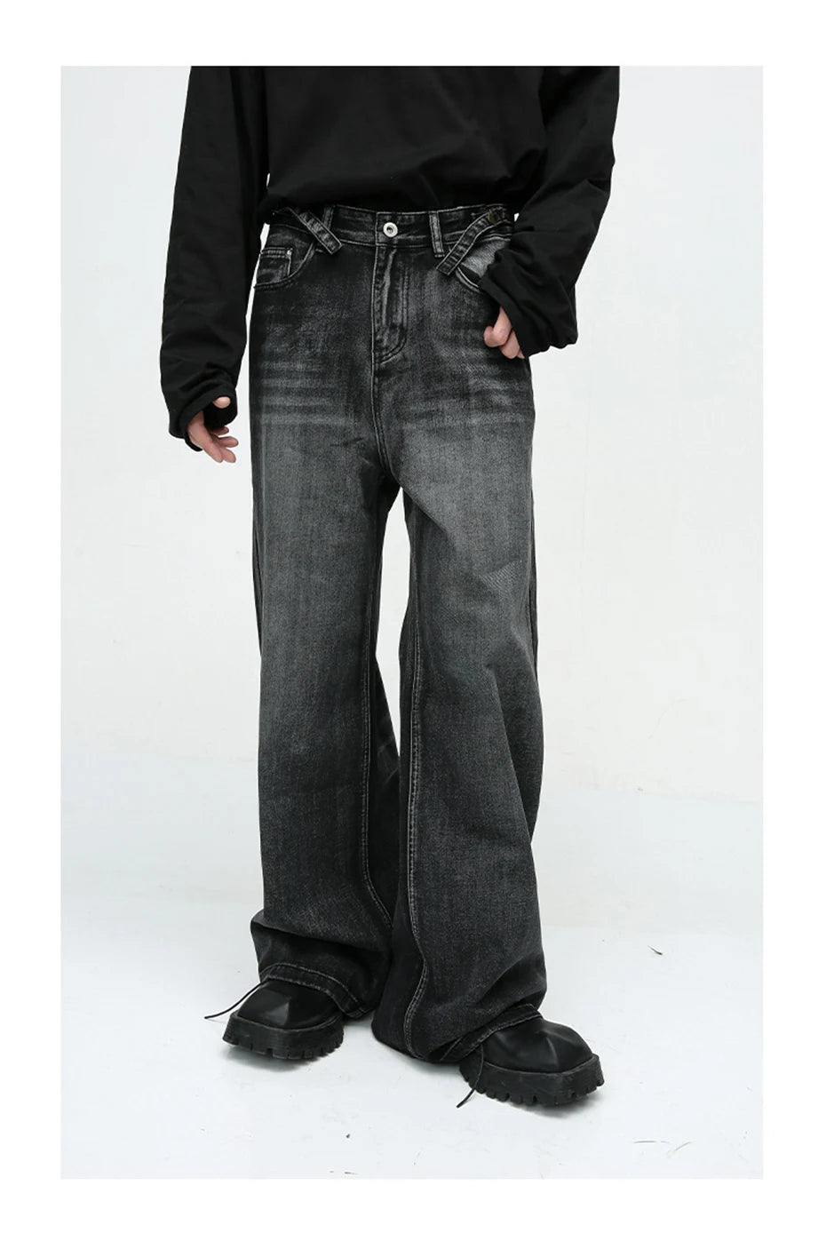 mens black baggy jeans male casual loose straight jeans trousers vintage hip hop denim pants unique jeans style 176