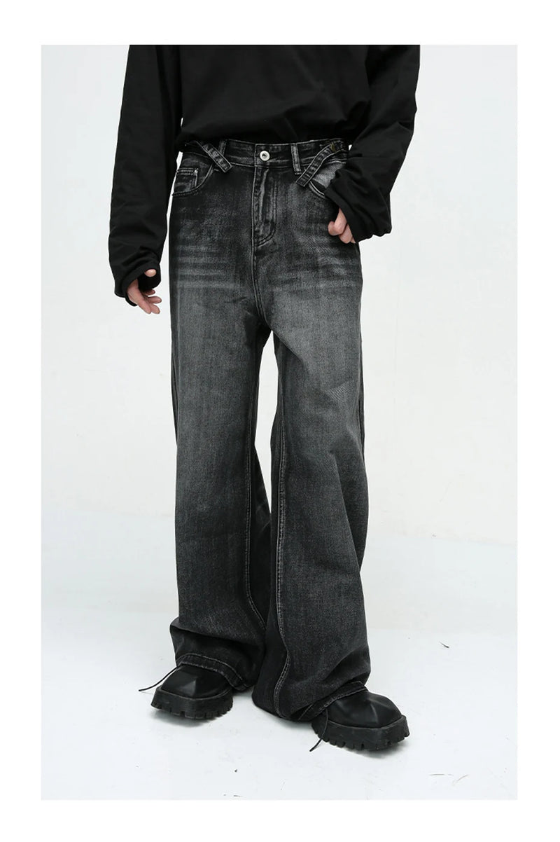mens black baggy jeans male casual loose straight jeans trousers vintage hip hop denim pants unique jeans style 176