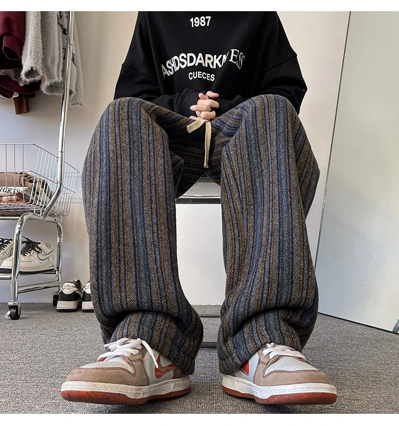 high quality stripe plaid mens trousers baggy straight fashion classic padded autumn winter casual pants male plus size m 8xl unique default style 1181