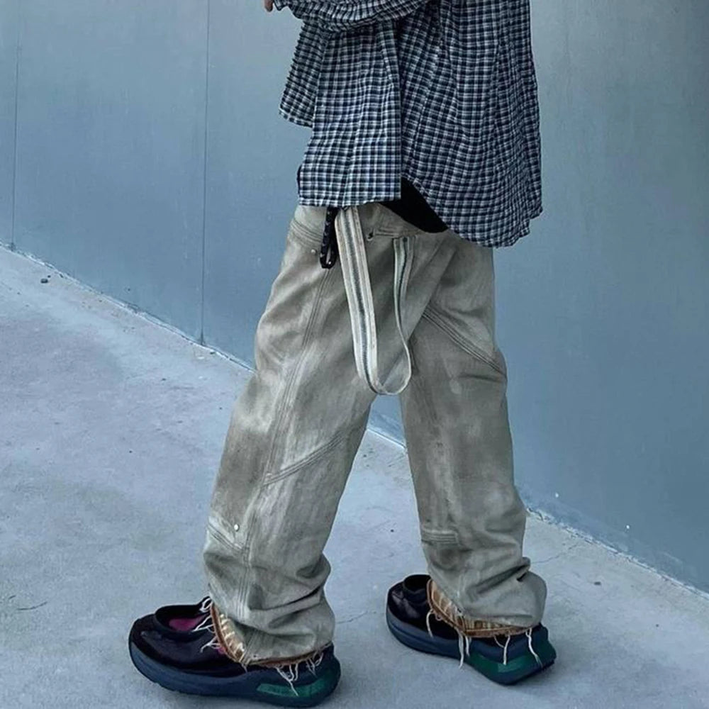 streetwear washed vintage ribbons logging jeans pants mens straight ropa hombre baggy cargos oversized loose denim overalls baggy cargo bottoms