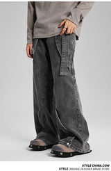 american high street vibe fashion splice jeans mens belt loose casual vintage wide leg straight denim baggy jeans pants trouser unique jeans style 1462