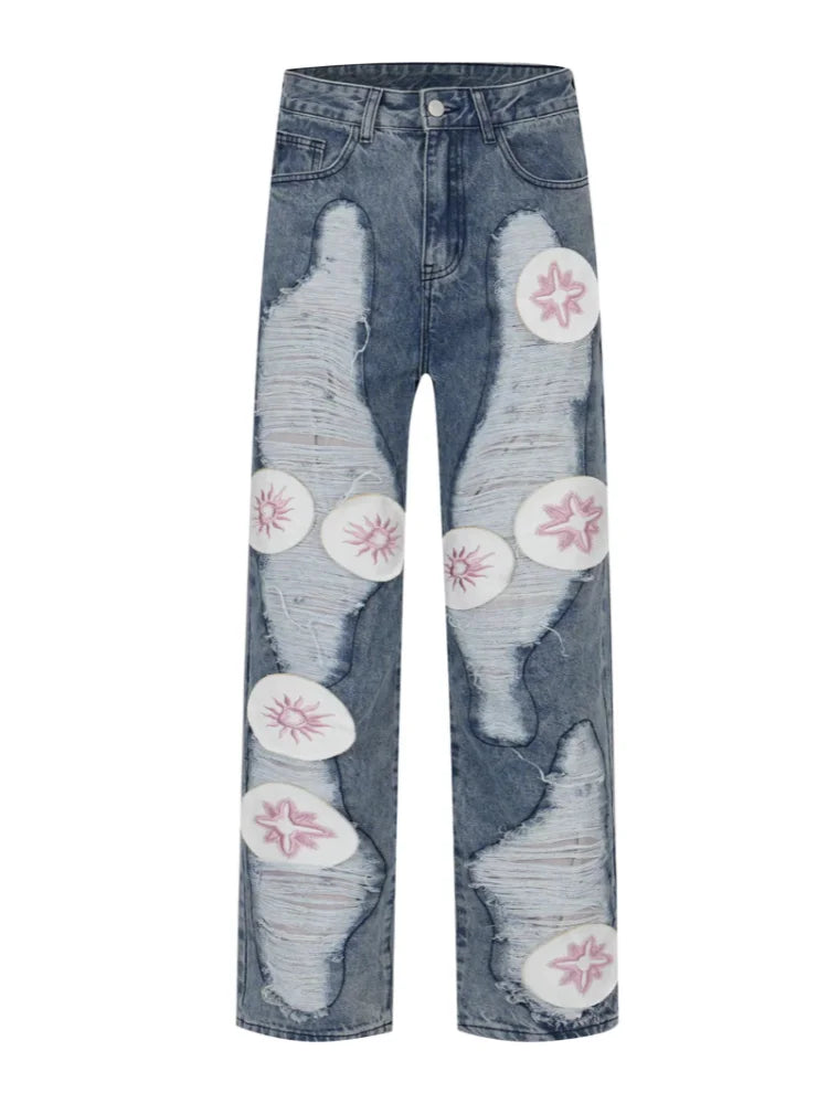 harajuku y2k stars embroidery patchwork ripped holes denim jeans casual straight jean pants mens hip hop streetwear jeans pants unique jeans style 2546