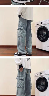 american retro and personalized straight leg jeans for men and women with hiphop big pocket design work pants loose casual pants unique jeans style 761