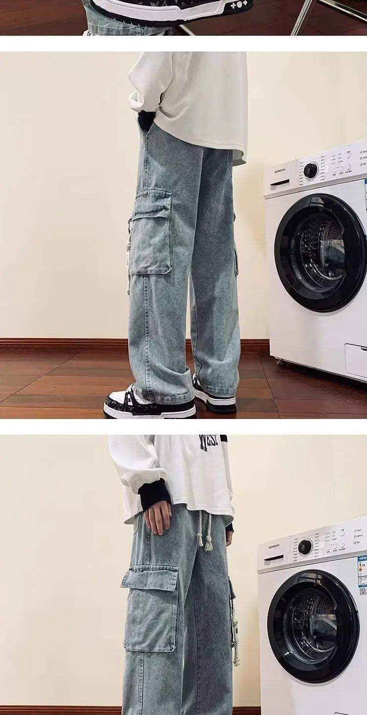 american retro and personalized straight leg jeans for men and women with hiphop big pocket design work pants loose casual pants unique jeans style 761