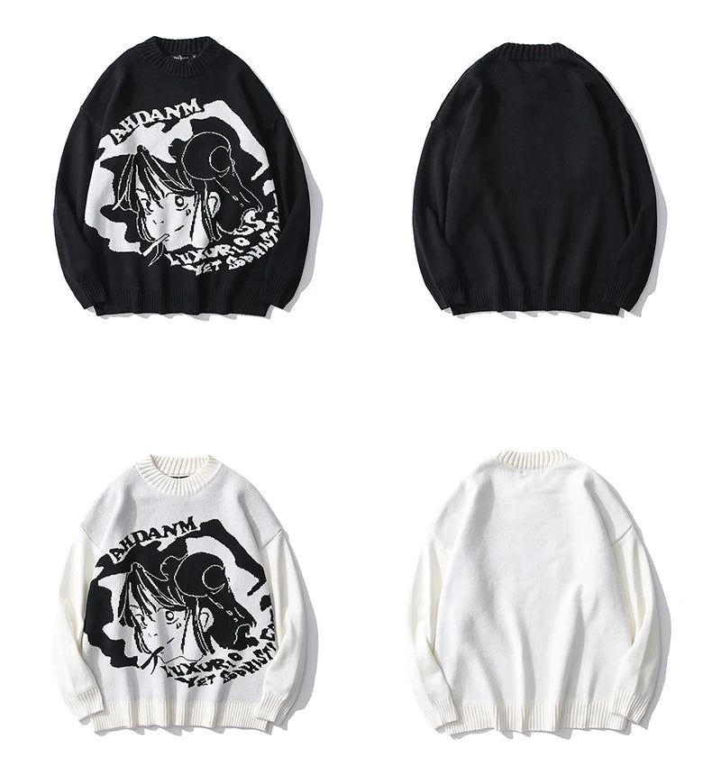 fashion knitted sweater autumn winter o neck anime characters pullover streetwear unisex casual loose sweaters jumper knitwears streetwear fashion hoodie, oversized graphic print design, aesthetic street look hoodie