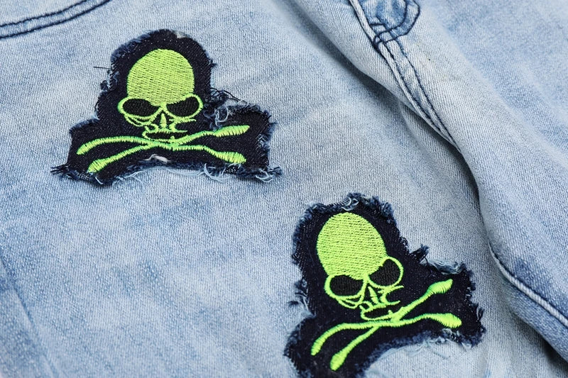 skull embroidery patchwork ripped denim jean pants fashion biker straight trousers streetwear hip hop joggers pant men clothing unique joggers style 2387
