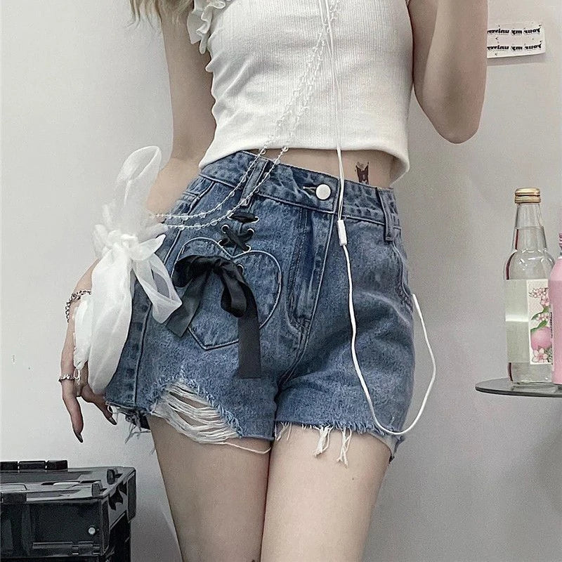 high waist women denim shorts summer fashion bow loose shorts korean casual female streetwear all match ripped pants vintage washed jeans