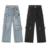 fashion loose streetwear cargo denim jeans unisex casual multi pocket straight jean pants with belt hip hop joggers baggy jeans unique joggers style 3717