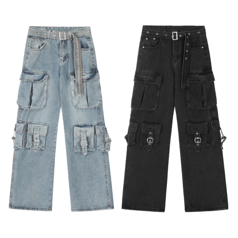 fashion loose streetwear cargo denim jeans unisex casual multi pocket straight jean pants with belt hip hop joggers baggy jeans unique joggers style 3717