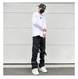 fashion knee adjust belt decoration denim jeans zipper straight jeans hip hop streetwear mens casual loose joggers jeans pants unique joggers style 2566