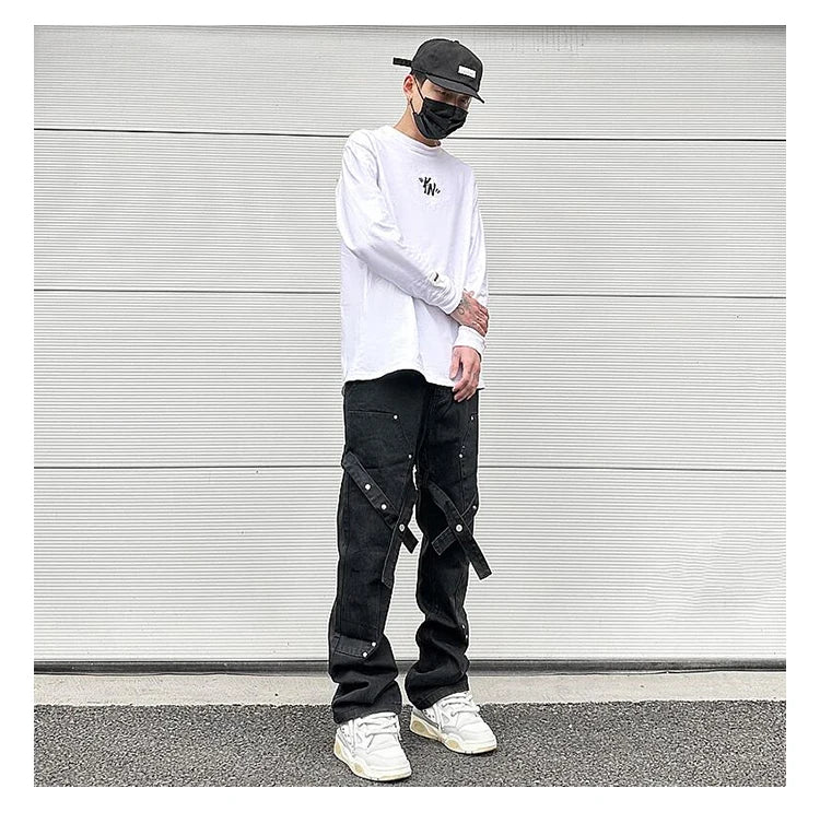 fashion knee adjust belt decoration denim jeans zipper straight jeans hip hop streetwear mens casual loose joggers jeans pants unique joggers style 2566