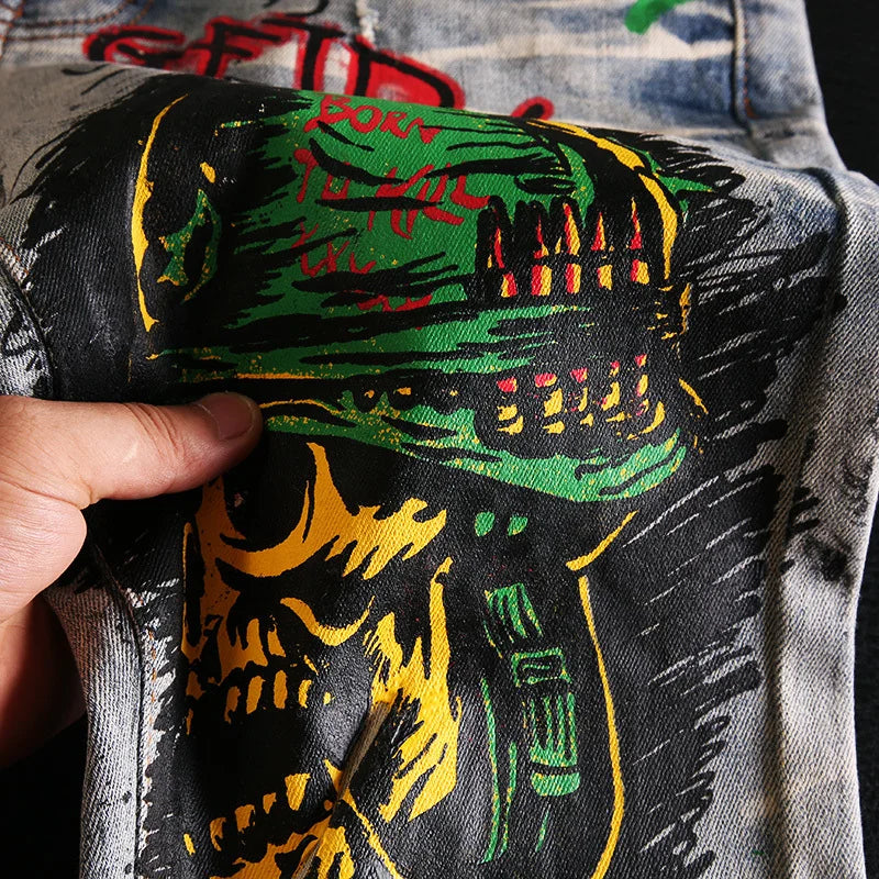 skull graffiti printed ripped denim jeans hip hop distressed biker jeans fashion streetwear slim pants joggers y2k men s jeans urban active pants