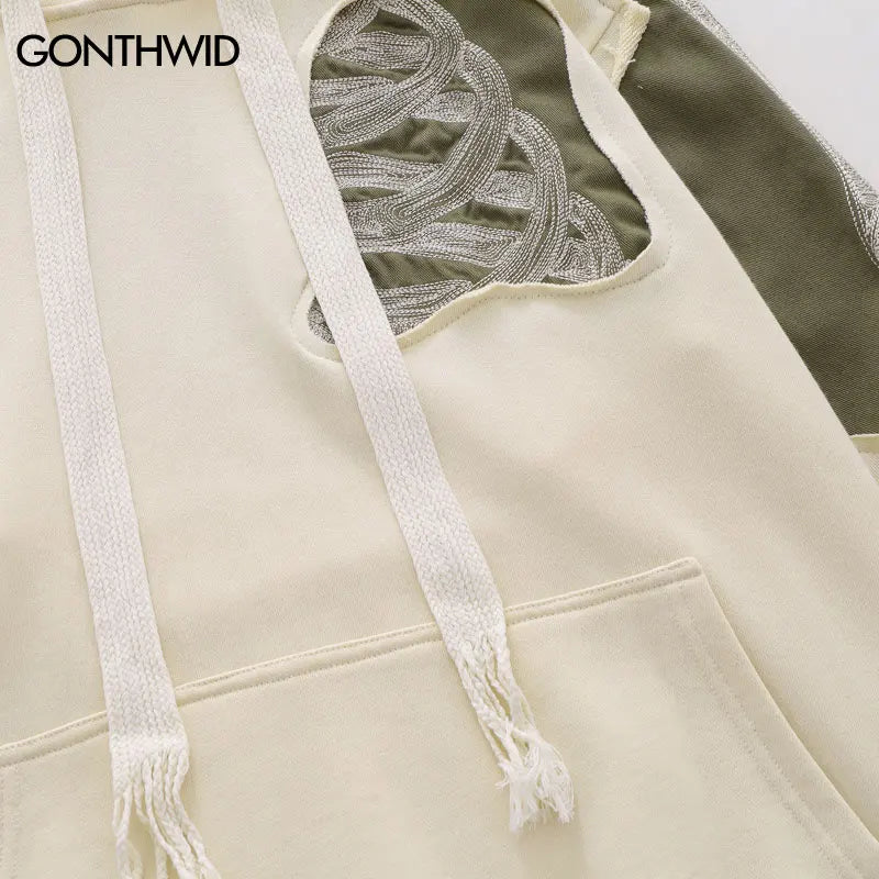 Hip Hop Men Hoodie Sweatshirt Y2K Embroidery Skeleton Skull Patch Punk