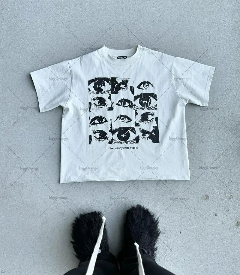 2024 Y2k Harajuku Retro Oversized Short Sleeve Men Letter Cartoon Print T-Shirt High Street Trendy Versatile Clothing Women