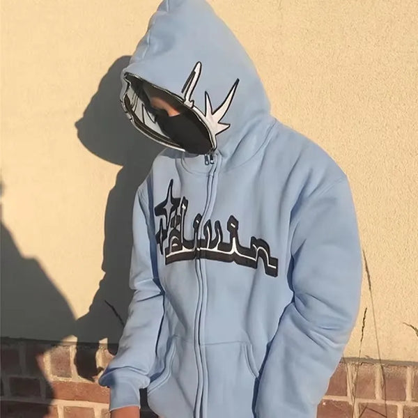 Y2K Full Zip Hoodies Embroidery Pattern Gothic Hooded Sweatshirts Over