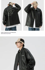 Mens Leather Bomber Jacket Women Hip Hop Letter Motorcycle Loose Casual PU Coat Unisex High Street Racing Varsity Black Outwear