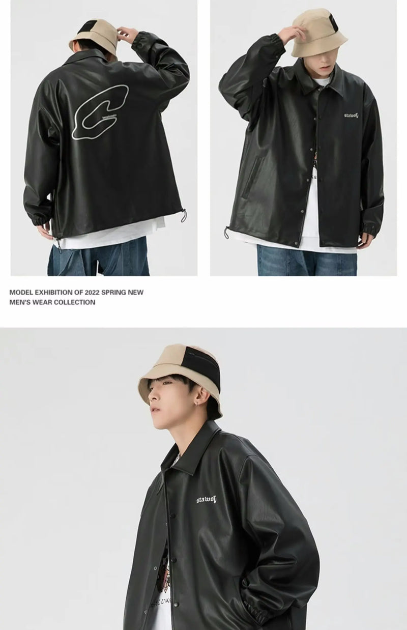 Mens Leather Bomber Jacket Women Hip Hop Letter Motorcycle Loose Casual PU Coat Unisex High Street Racing Varsity Black Outwear