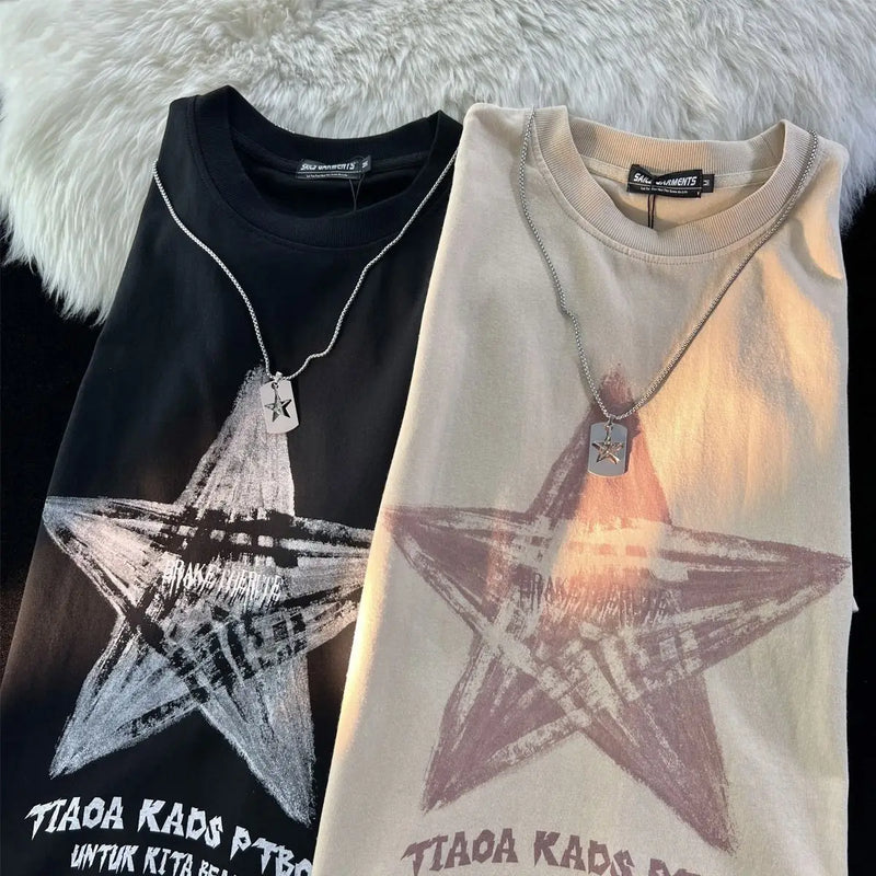 Sadcore Aesthetic drop – American Couple Loose Personalized Print Round Neck Short