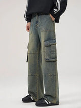 spring and autumn retro men and women trendy straight tube multi pocket work clothes jeans american couple loose casual pants unique jeans style 32