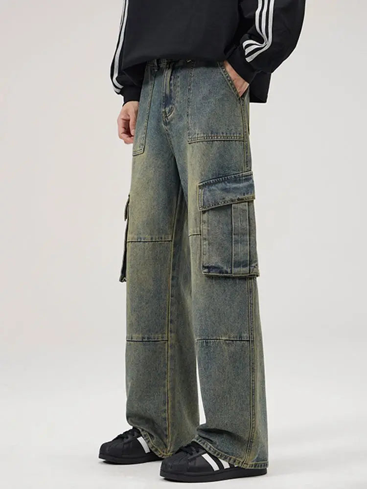 spring and autumn retro men and women trendy straight tube multi pocket work clothes jeans american couple loose casual pants unique jeans style 32