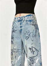 men baggy jeans graffiti printed loose straight denim pants luxury designer jeans male streetwear hip hop jeans trousers y2k unique jeans style 4535