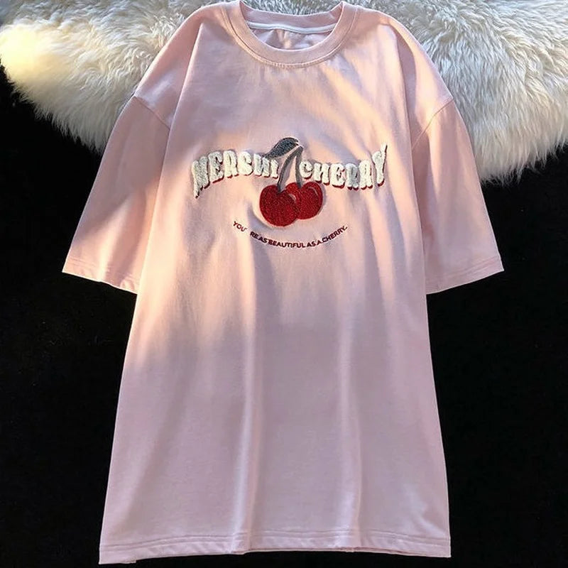 Anime Graphic tee – Fashion Korean Brand Chic Flock Cherry Embroidery T Shirts K