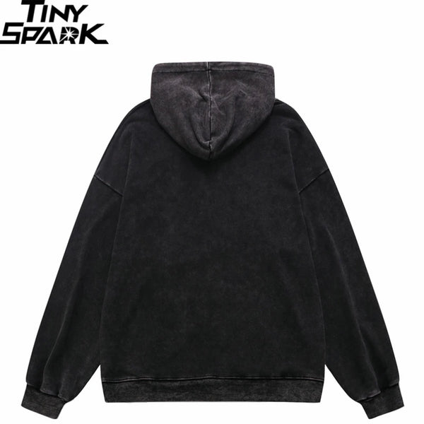 Hip Hop Streetwear Hoodie Sweatshirt Washed Vintage Devil Skull Skelet