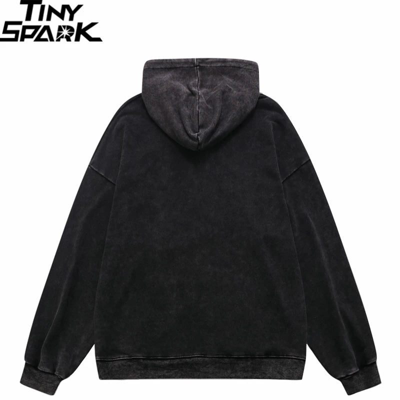 Hip Hop Streetwear Hoodie Sweatshirt Washed Vintage Devil Skull Skelet