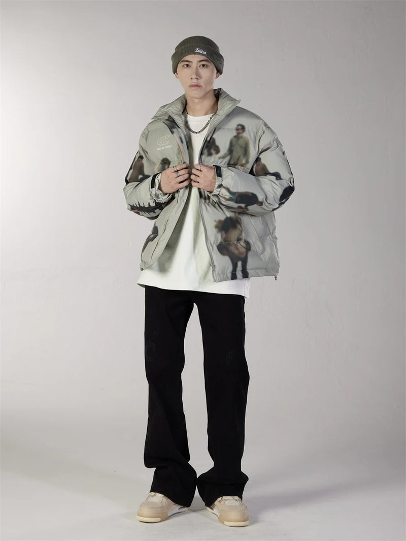 Hip Hop Jacket Parka Human Graffiti Print Men Winter Windbreaker Streetwear Harajuku Padded Jacket Coat Warm Outwear Hipster New