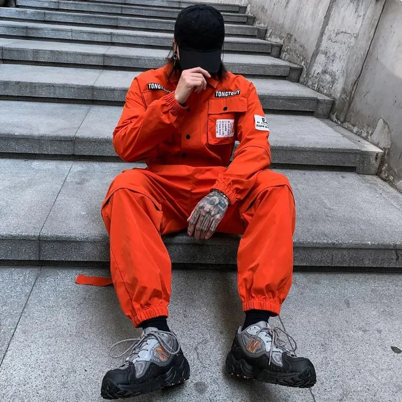 2023 autumn street short sleeve american jumpsuit mens jumpsuit suit motorcycle removable pants hip hop leg pants drawstring street shorts