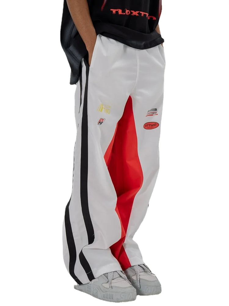 high street side striped spliced straight pants unisex elastic waist streetwear casual racing biker sportwear pants joggers men urban active pants