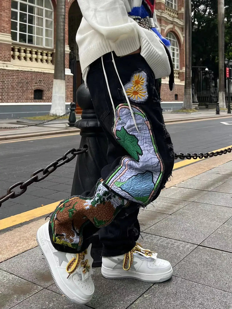 harajuku fashion embroidered patches straight denim pants hip hop washed torn jeans black blue patchwork y2k jeans baggy men unique jeans style 1556