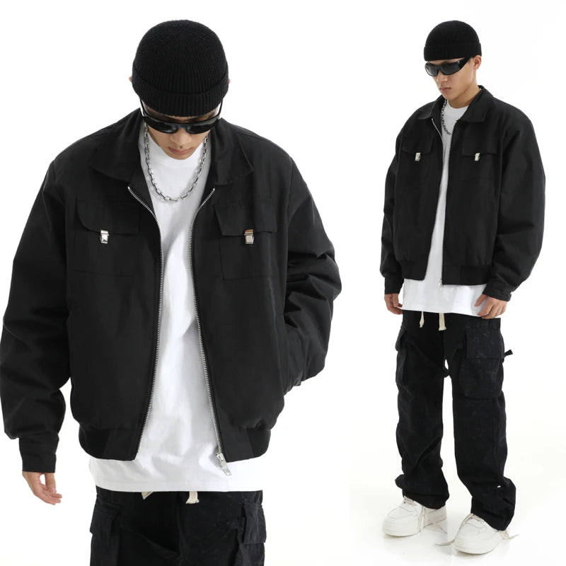 mens soild color jacket and coat casual zipper bomber jackets with pocket high street cargo outerwear short homme men clothin - variant style 08abff for streetwear fashion