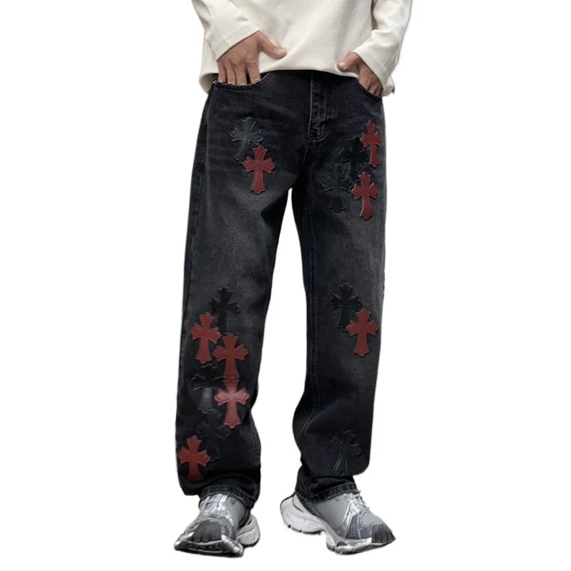 men embroidery streetwear brand fashion hip hop loose casual straight motorcycle denim jeans pant cityboy y2k jeans trousers unique jeans style 2497