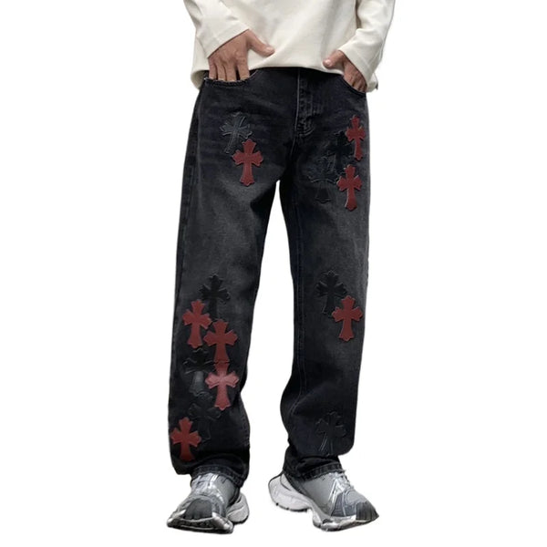 men embroidery streetwear brand fashion hip hop loose casual straight motorcycle denim jeans pant cityboy y2k jeans trousers ripped baggy denim